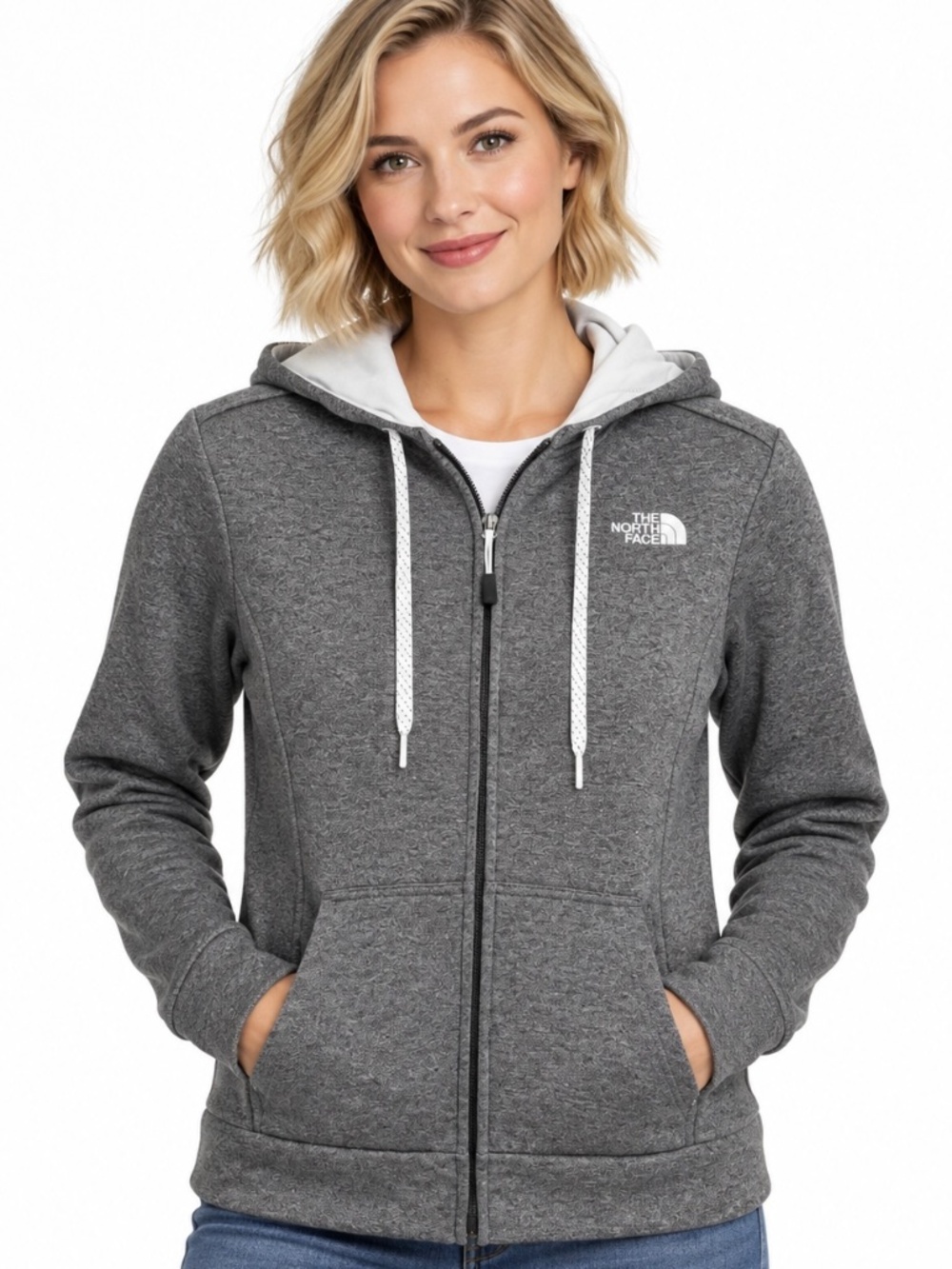 The NorthFace heather grey, full zip hoodie jacket.